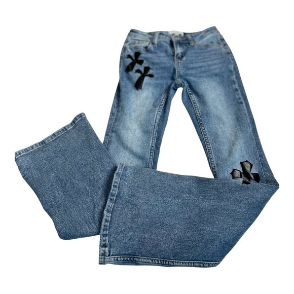 Austin Landing Denim - Austin Landing Women's Gothic Embroidered Crosses Flare Leg Blue Jeans Y2K Sz 1